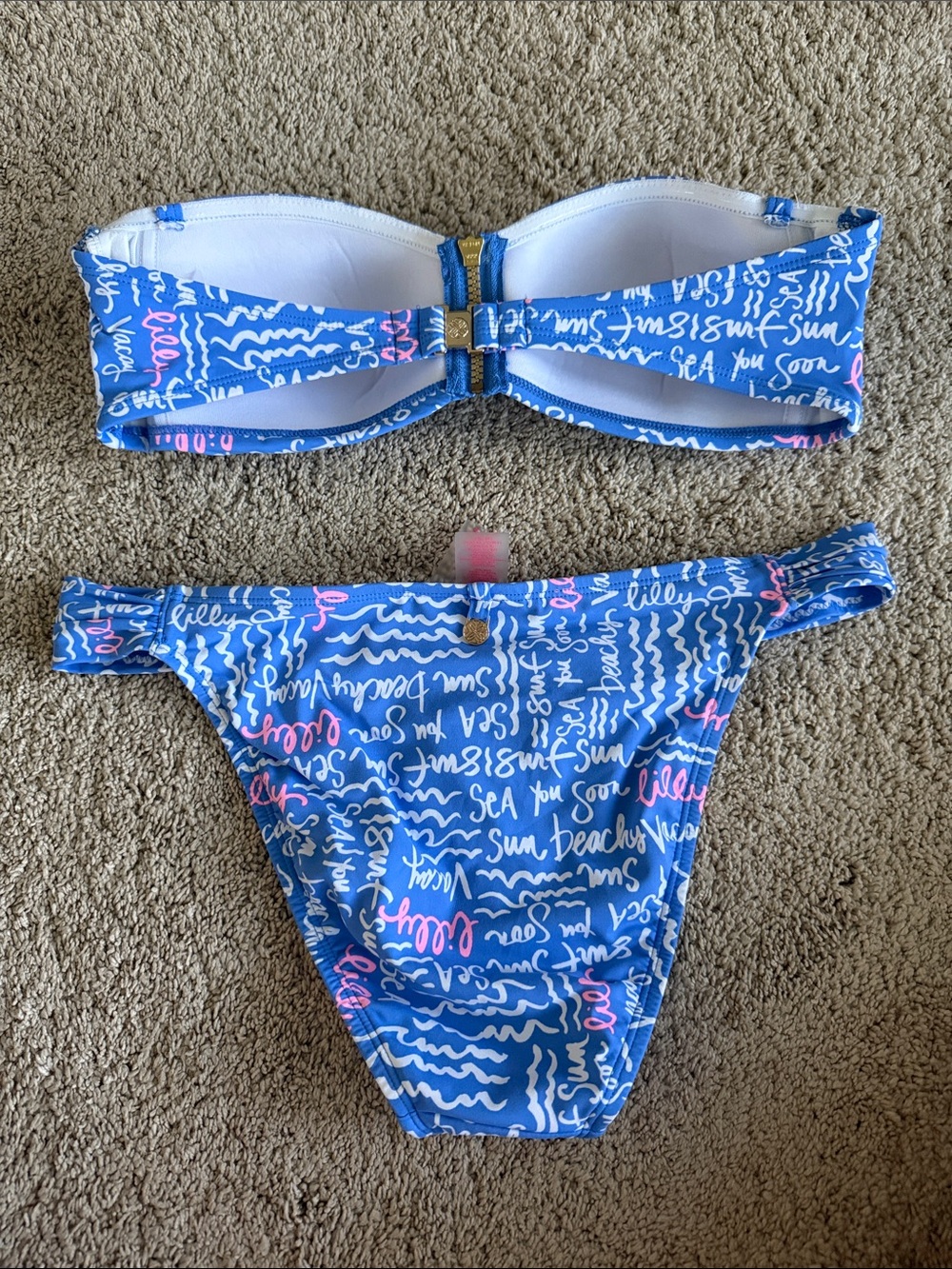 Lilly Pulitzer Blue Script Bandeau Bikini with Pink Accents - Picture 4 of 8
